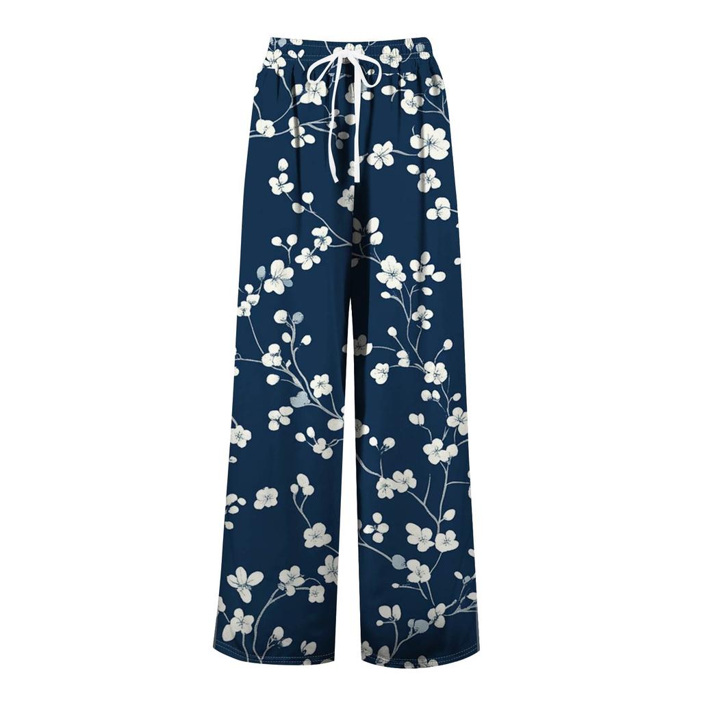 Women's Printed Wide Leg Pants With Pockets High Waist Drawstring Loose Casual Pants