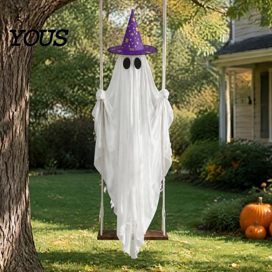 Remote Control Ghost Decor Halloween Swing with 2 Hats, Ornament LED Tree Hanging String Light, Glowing for Porch Garden Witch Hat