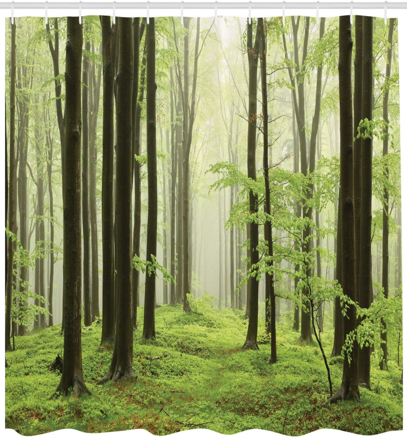 Beech Forest Shower Curtain with Hooks – Morning Haze in Mountain Woods, Nature Landscape Bathroom Decor 90x180cm35x71in