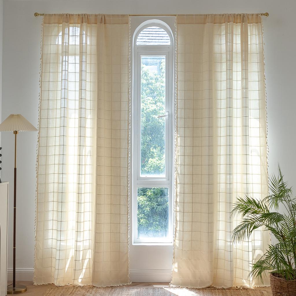 Curtains Japanese Log Wind Lattice Fringed Bedroom Living Room Semi-Blackout Bay Window Thickened Curtain Finished Product