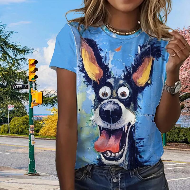 Maglietta estiva da donna con stampa di animali dei cartoni animati colorati, divertente e casual, con scollo a V e maniche corte.