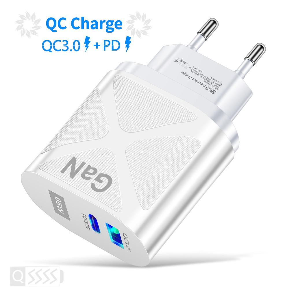 VAORLO 65W nabíječka GaN PD QC3.0 Rychlé nabíjení Rychlé nabíjení Nástěnná nabíječka EU UK Porty USA