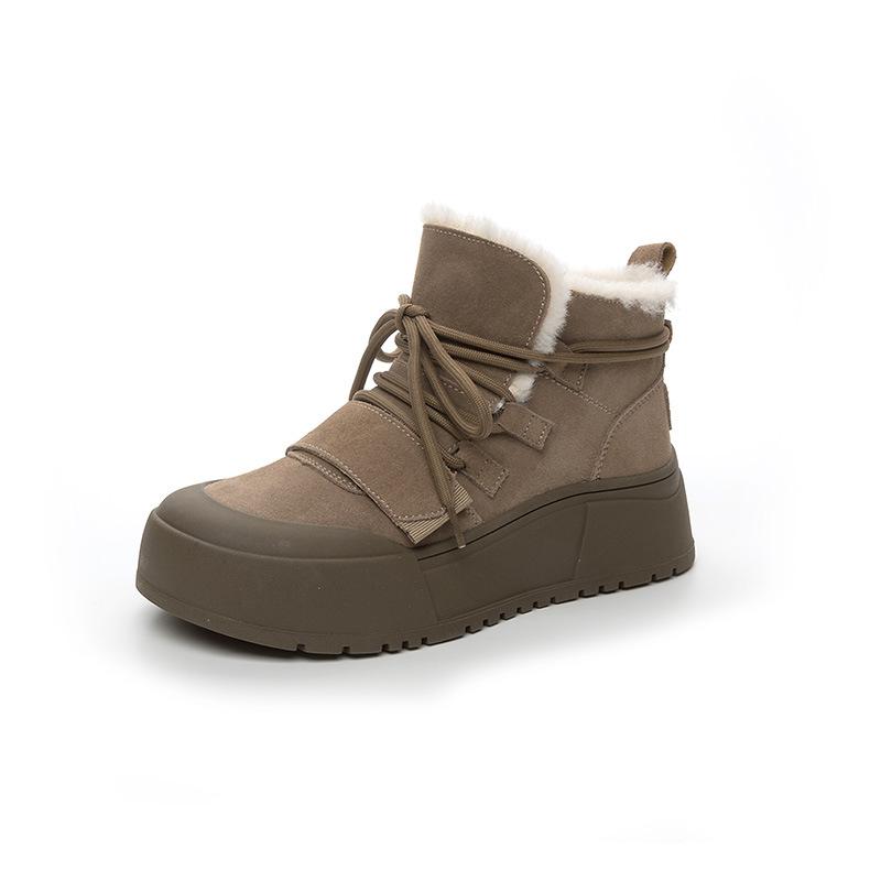 Fur Integrated Snow Boots Women's Winter Warm Velvet Short Boots Thick Sole Non-slip Fashion Leather High-top Cotton Shoes