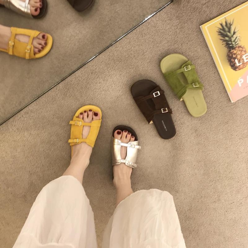 Leather Yellow One-word Drag Women's Summer Wear New Thick-bottomed Seaside Beach Sandals