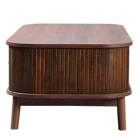 Couchtisch, Rattan-Couchtisch, Schubladen mit Rattan und Schiebetüren mit Massivholzleisten, Beine aus Massivholz, Natürlicher Landhausstil