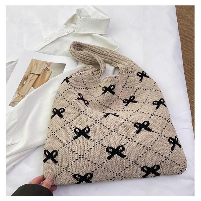 Chegada Nova 2026 Moda Ins Feminina Bolsa Tote de Tricô Grande Capacidade Padrão de Laço Bolsa de Ombro Tecida para Uso Diário