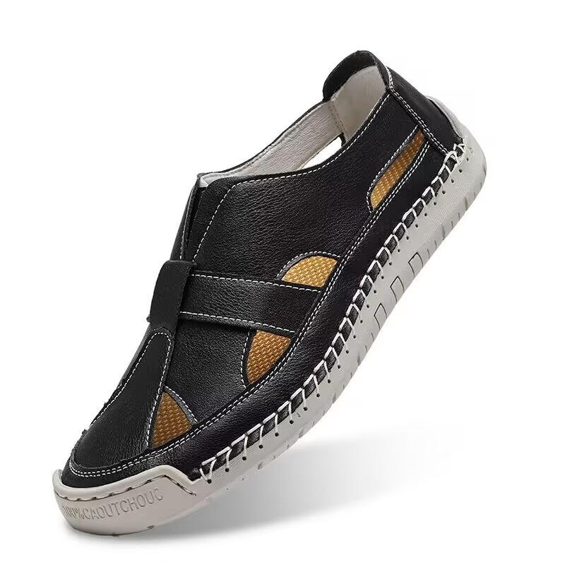 

Leather Women s Beach Sandals Breathable Soft Thick Sole Closed Toe Hollow Vulcanized Sneaker Lady Retro Roman Shoes 36 чёрный