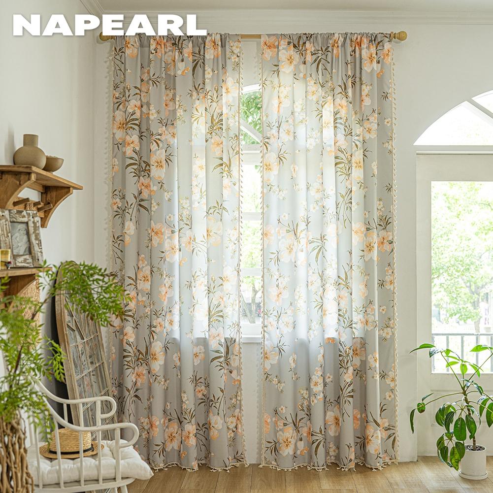 1 Pezzo Tende NAPEARL Stile Campagna Francese con Stampa Floreale e Bordo con Nappe Semitrasparenti per Camera da Letto Soggiorno Finestra Decorazione Casa