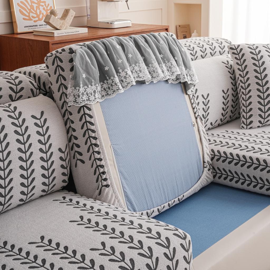 1Pc Wheat Jacquard Stretch Polar Fleece Sofa Cover With Lace Ruffle Hem Contrast Colour Sofa Slipcovers For Living Room Couch