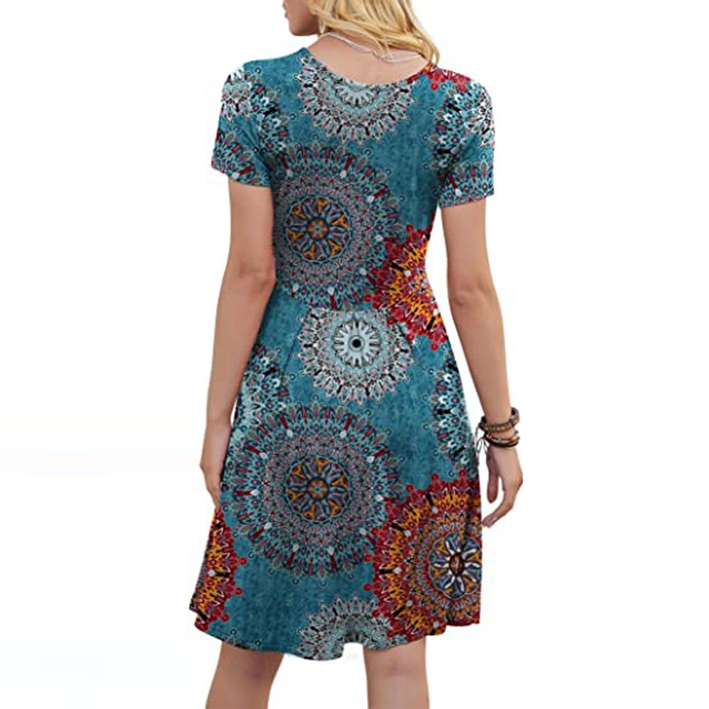 Women's Fashion Prints Pleated Loose With Pockets Round-Neck Leisure Dress