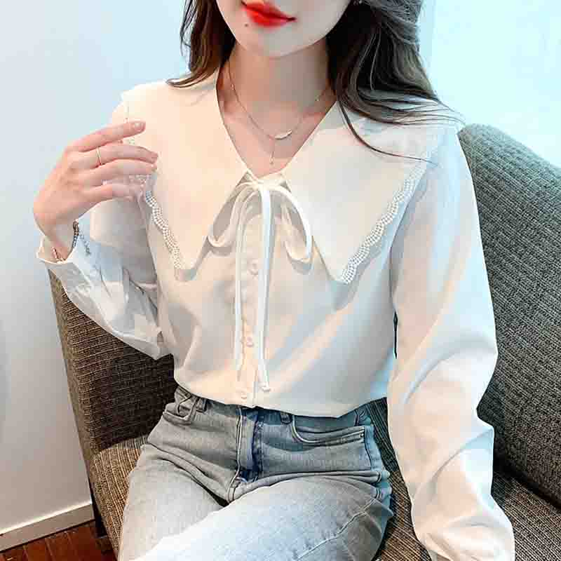 New 2024 Fashion Autumn Long Sleeve Lace Up Doll Collar Casual White Blue Blouse Shirt Women Tops Blouses Shirts J550