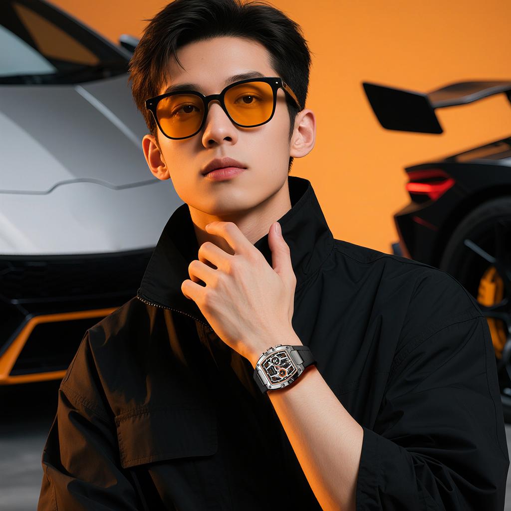 Multifunction Quartz Watches Mens Large Dial Fashion Tonneau Chronograph Watch Sports Silicone Strap,Date,Luminous