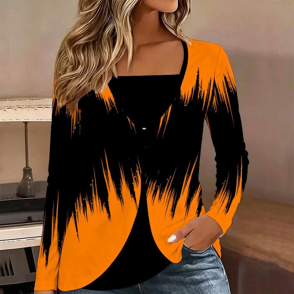 Tops for Women  Camouflage Print Long Sleeve Fake Two‑Piece Top Fall Casual Slim Pullover Women's Long Sleeve Top