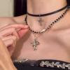 Gothic Punk Y2K Black Cross Pendant Necklace for Women Men 2025 Vintage Multi Layer Bead Necklaces 90s EMO Charm Jewelry Gifts