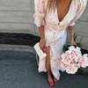 Elegant Watercolor Floral Long Dress Women V Neck Ruffle Puff Sleeve Slit Dress Self Belt Waist Flowy Chiffon Dress Wedding Guest Party Daily Outing