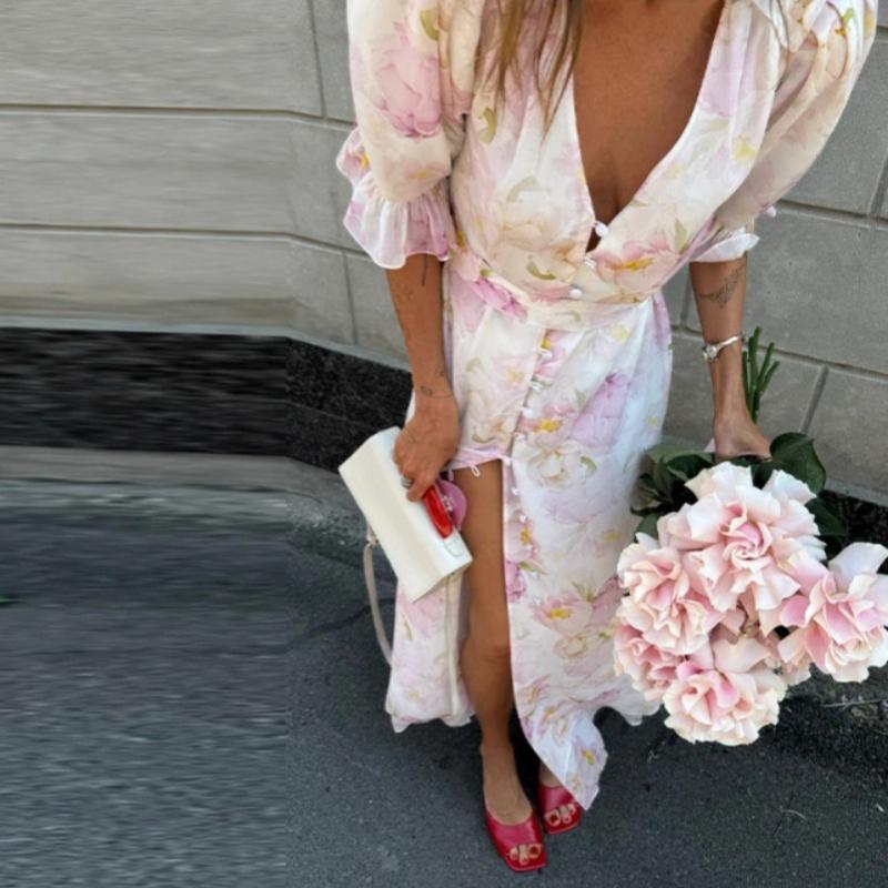 Elegant Watercolor Floral Long Dress Women V Neck Ruffle Puff Sleeve Slit Dress Self Belt Waist Flowy Chiffon Dress Wedding Guest Party Daily Outing