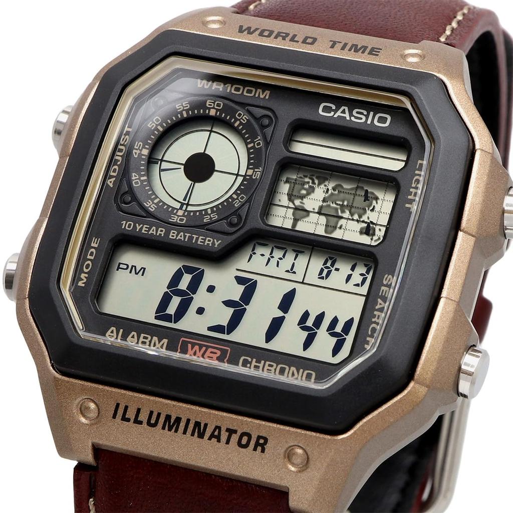 Casio World Time Digital Watch AE-1200WHL-5AV Metallic Brown with Brown Leather Band, Import Model