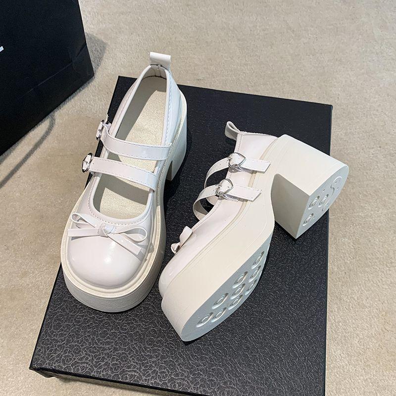 Bow Thick High-heeled Small Leather Shoes Women's 2025 Autumn New Japanese Heightening French Versatile Mary Jane Single Shoes