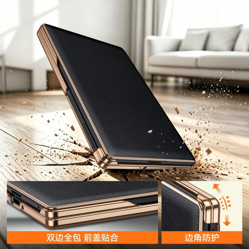 Magnetic Flip Phone Case With Gold-Edge Hinge Stand Galaxy Z Fold8 Fold7 W26 Genuine LeatherTexture