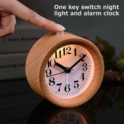 Handmade Classic Small Round Wood Silent Light Desk Alarm Clock With Desk Lamp