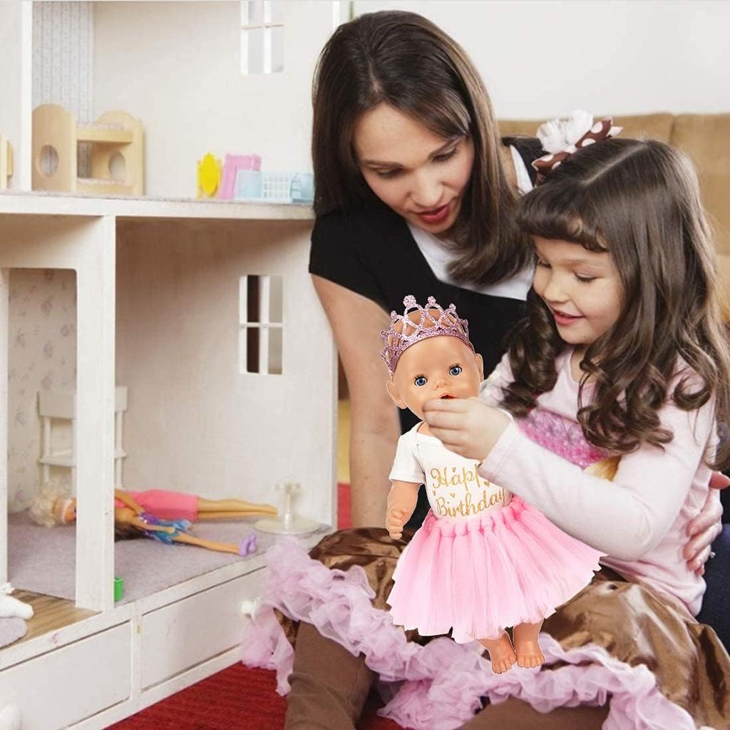 Set of 3 Birthday Doll Pink Clothing Accessories Including Skirt Romper Headband for 43cm / 17Inch Newborn Baby Doll (No Doll)