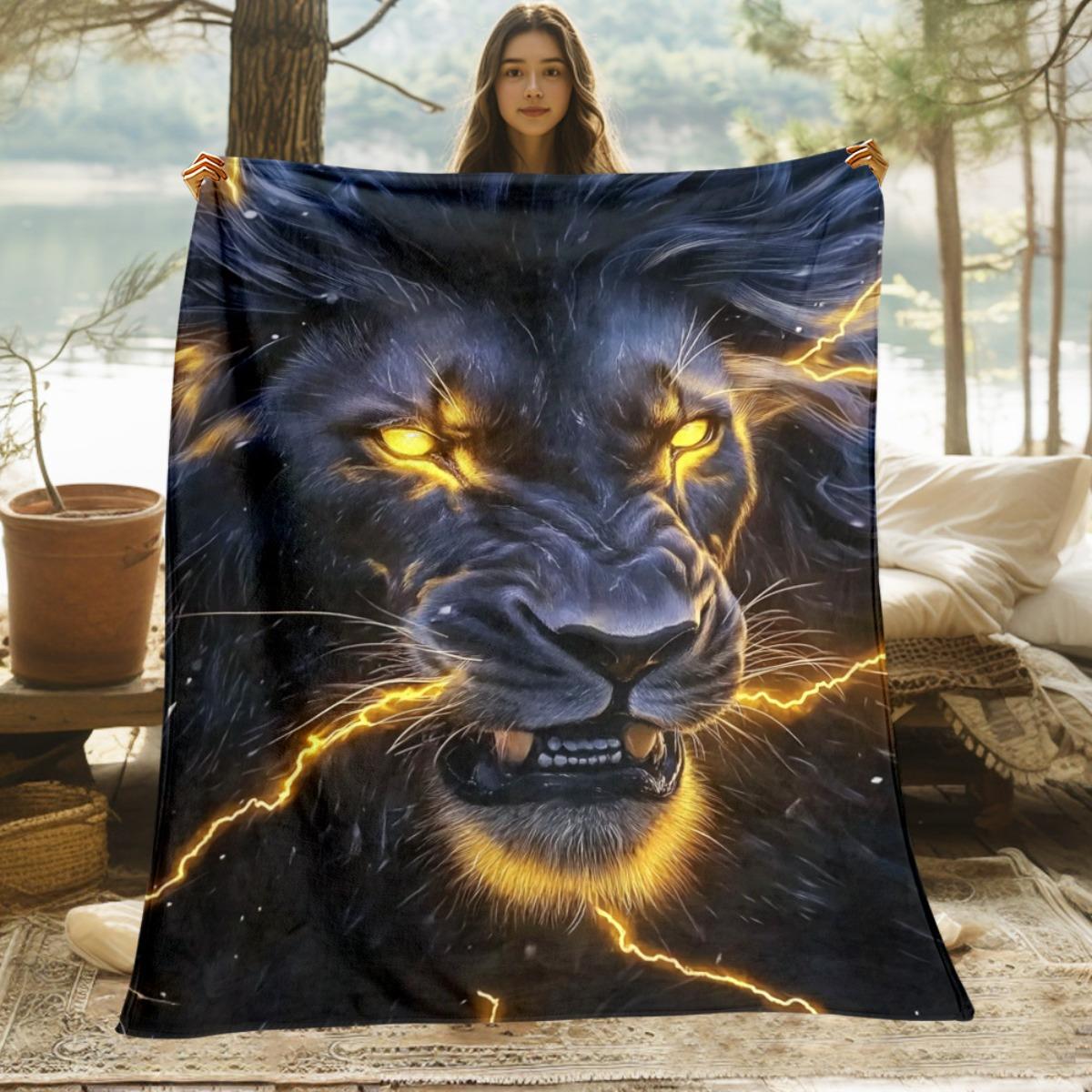

Thunder Lion Face Golden Eyes Fleece Blanket Power Animal Art Soft Flannel Throw Wildlife Decor Strong Symbolic Gift HomeTextile 75x100cm (30x40inch)