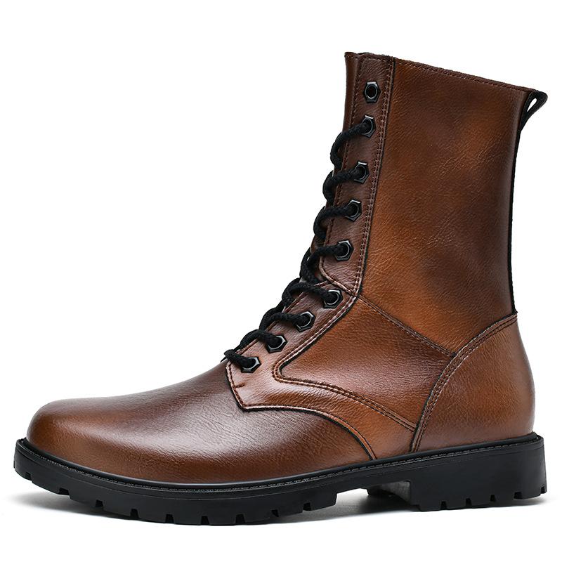 Cotton high-top tall cowhide Martin boots flat-bottomed round boots work outdoor lace-up side zipper hollow boots men