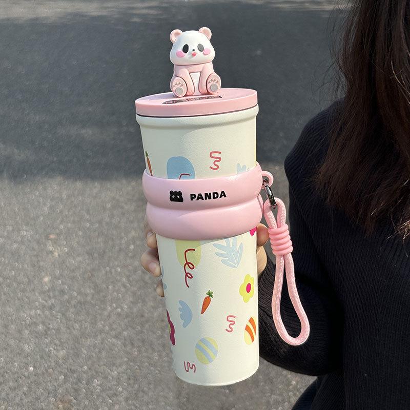 Cartoon Panda Stainless Steel Thermos Cup - Large Capacity Travel Mug with Straw