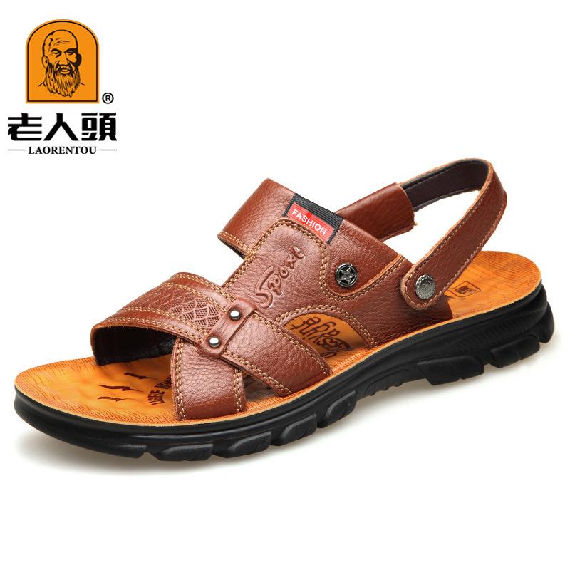 

2024 old man s head summer leather sandals, men s first-layer cowhide beach shoes, soft-soled non-slip sandals dual-purpose 44 коричневий
