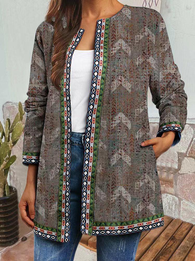 Women's Crew Neck Long Sleeve Cardigan Oversized Vintage Ethnic Print Plus Size Open Front Jacket Casual Outerwear