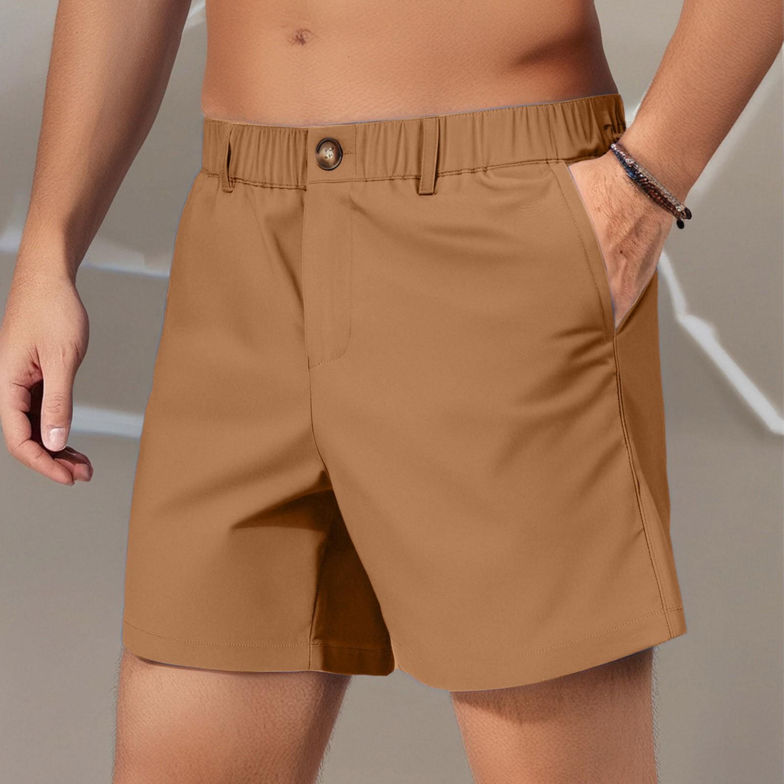 

Men s summer solid color button elastic five division shorts Men s beach pants casual pants