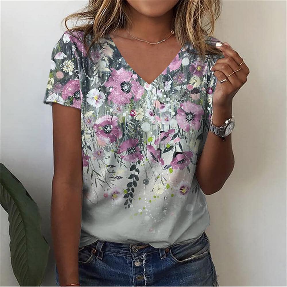 Flower Floral 3D Print T-Shirts Women Streetwear Summer Harajuku T Shirt Y2k Tops V-Neck Tees Woman Female Oversized Clothing