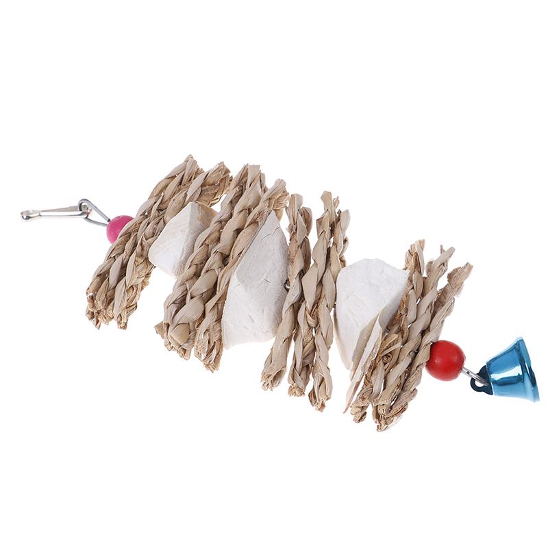 Parrot Bird Toys Natural Wooden Grass Chewing Bite Hanging Cage Bell Swing Climb