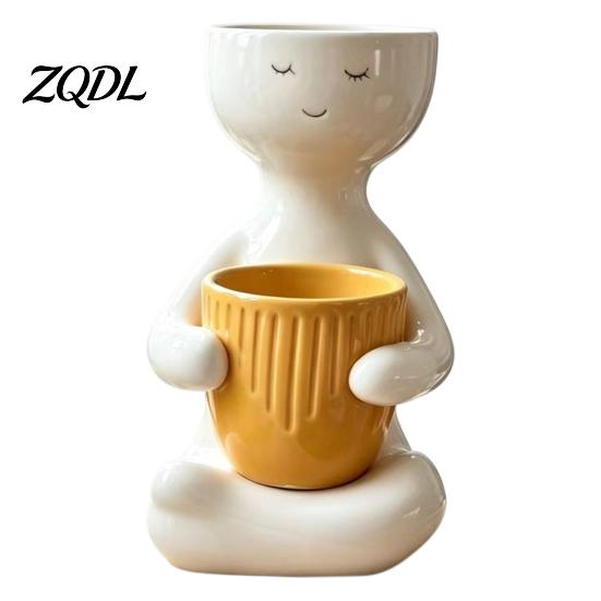 Flowerpot for Small Plants Smiling Face Plant Pot, Double Planting Space Planter, Cute Resin Head Planter Sitting Figure Succulents, Home Office