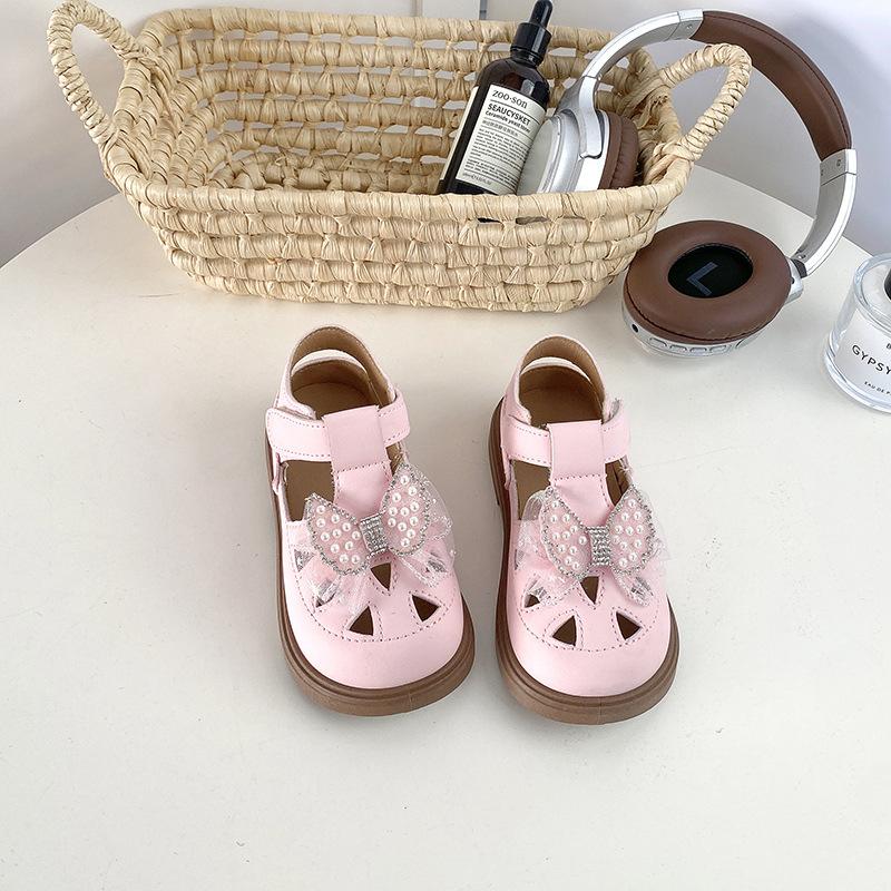 Kids Pearl Bow Decor T-Strap Closed Toe Sandals 20