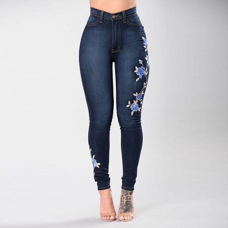 Pantaloni de blugi elastici pentru femei cu talie înaltă și detaliu cu broderie, croială slim, pantaloni casual