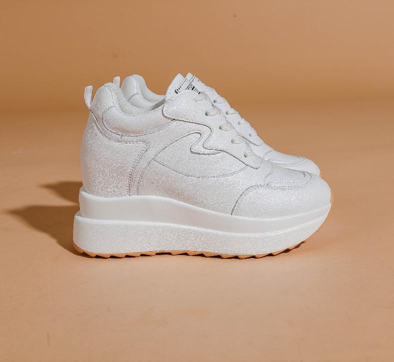 Women's White Genuine Leather Platform Shoes - 10cm Height Increase, Thick Sole, Versatile for All Seasons