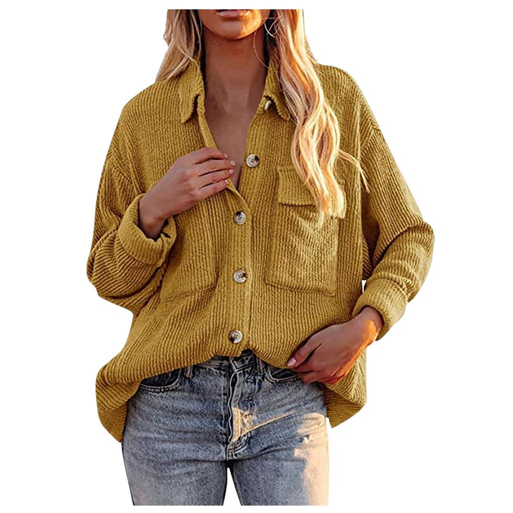 Women's  And Winter Loose Corduroy Lapel Double Pockets Long-Sleeved Shirt Jacket