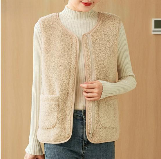 Gilet pour femme 2026 en laine d'agneau et cuir - Style coréen, Vêtement d'extérieur polyvalent Automne/Hiver