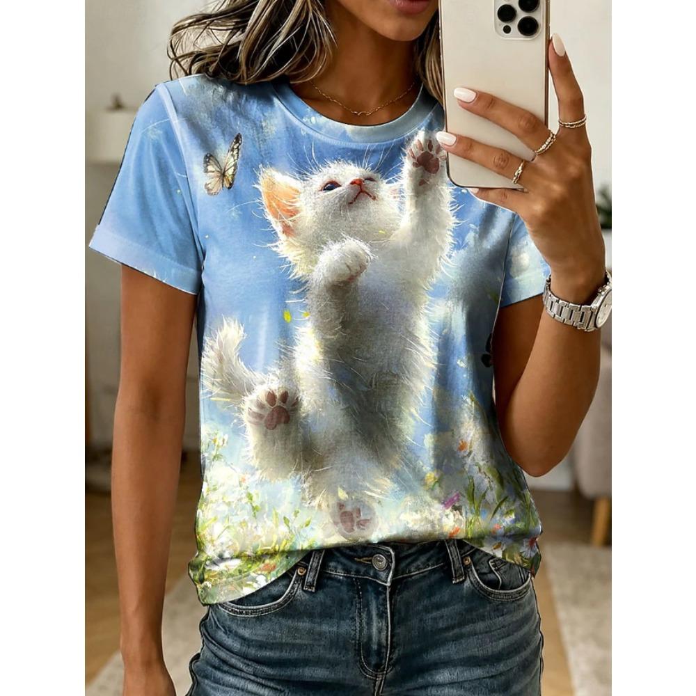 Fashion Women Retro Creative Cat Pattern Print T Shirt Funny Casual O-neck Short Sleeves T-shirt Summer Female Tee Shirt