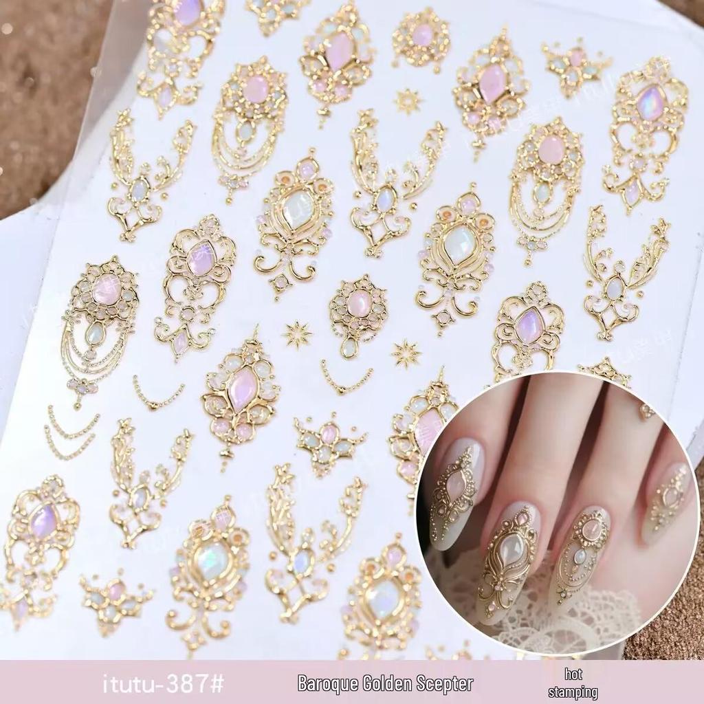 Baroque Gold Scepter Nail Stickers: Retro Gem & Luxury Court Style