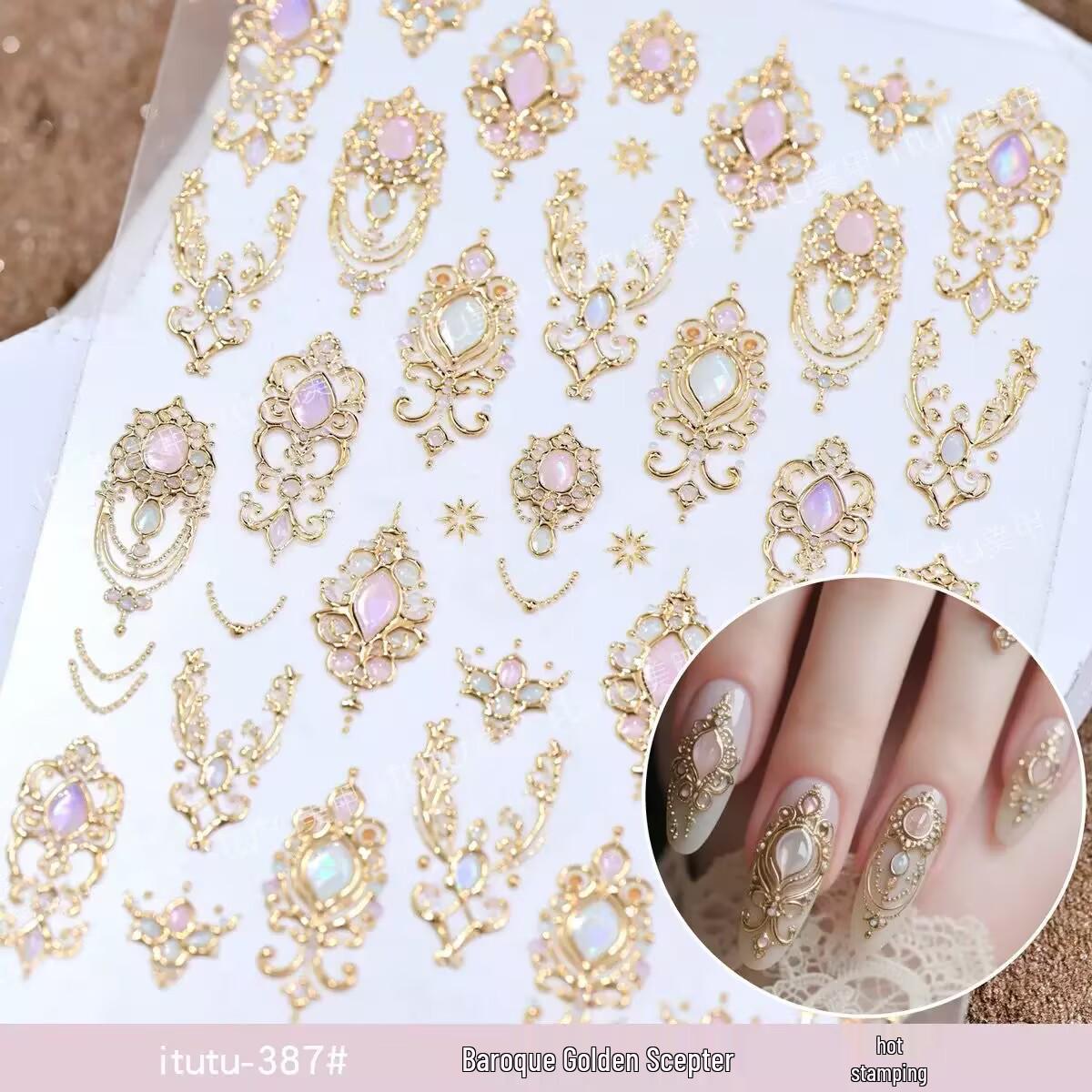 Baroque Gold Scepter Nail Stickers: Retro Gem & Luxury Court Style