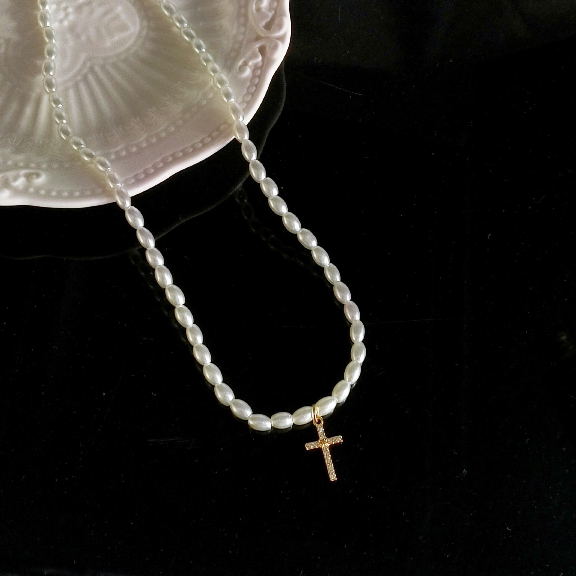Korean French Pearl Necklace Female Versatile Zircon Cross Collarbone Chain Temperament Celebrity Necklace