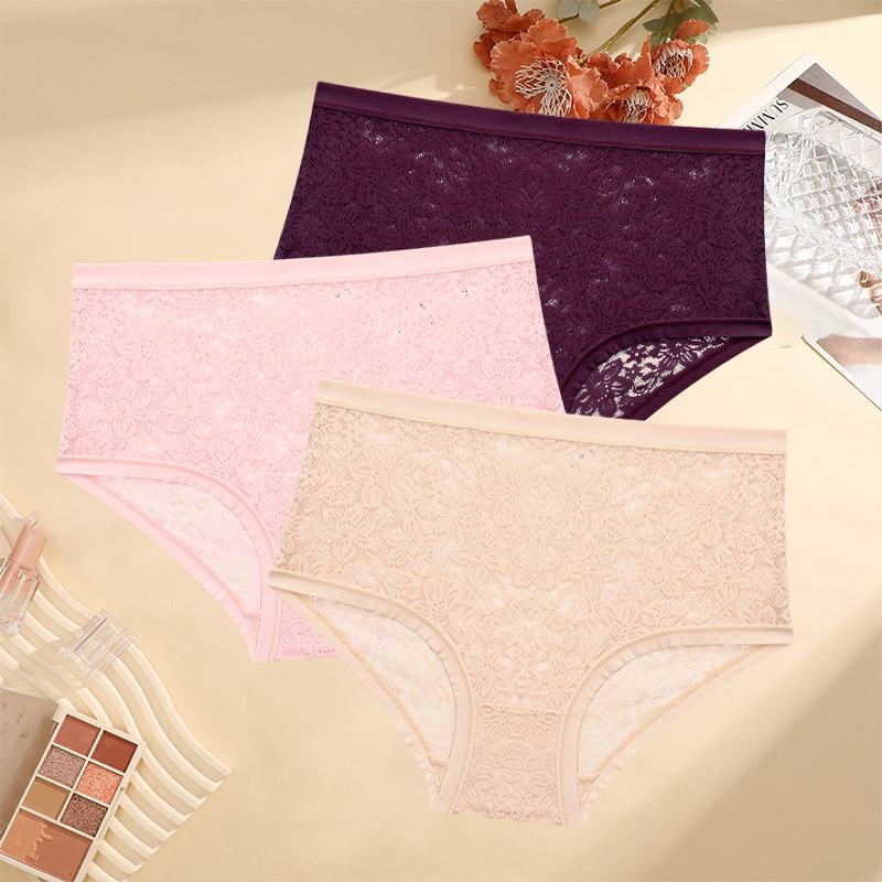 3PCS/Set Floral Embroidery Lace Panties Women's Plus Size Underwear Sexy Hollow Solid Briefs Girls Mid-Rise Temptation Lingerie
