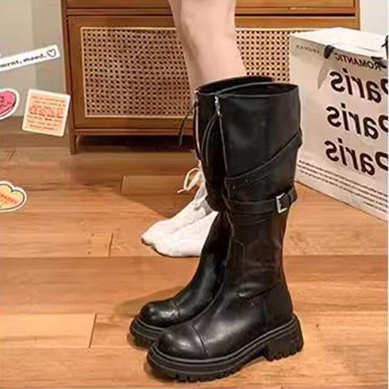 Maillard style soft leather fashion boots women's autumn and winter 2025 new belt buckle boots platform knight boots high boots