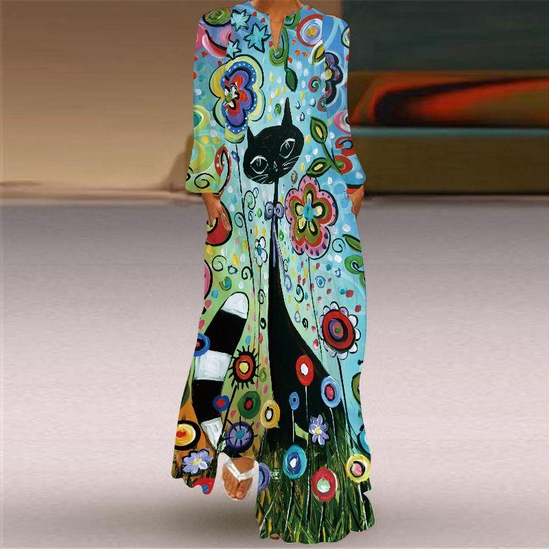Fashion Style Spring and Summer Fashion New Women's Retro Butterfly Print Long Dress Export V Neck Long Sleeves Pocket Dress