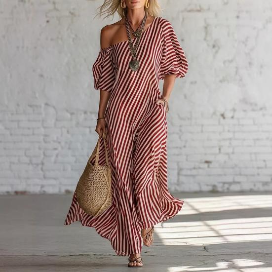 Damen Gestreiftes Off-Shoulder Maxikleid Kurzarm Lässig Party Cocktailkleid Sommer Strandurlaub Fließendes Kleid