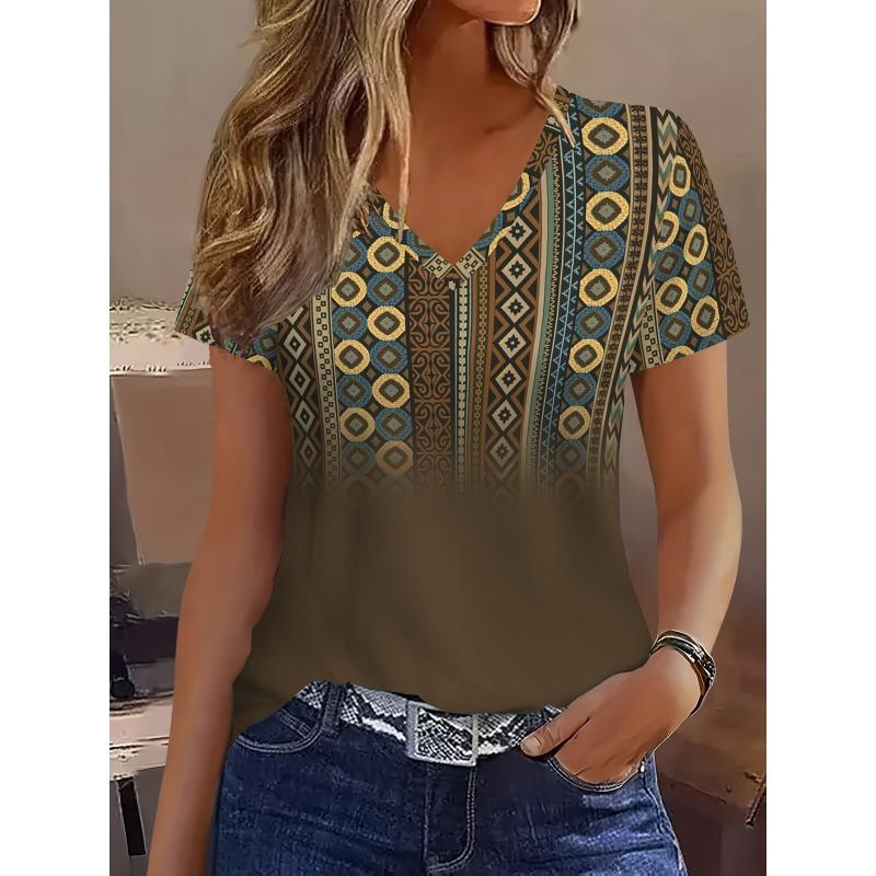 Ethnic Retro Full Print Breathable V-neck Short Sleeved T-shirt, Casual and Fashionable Short Sleeved Women s XL