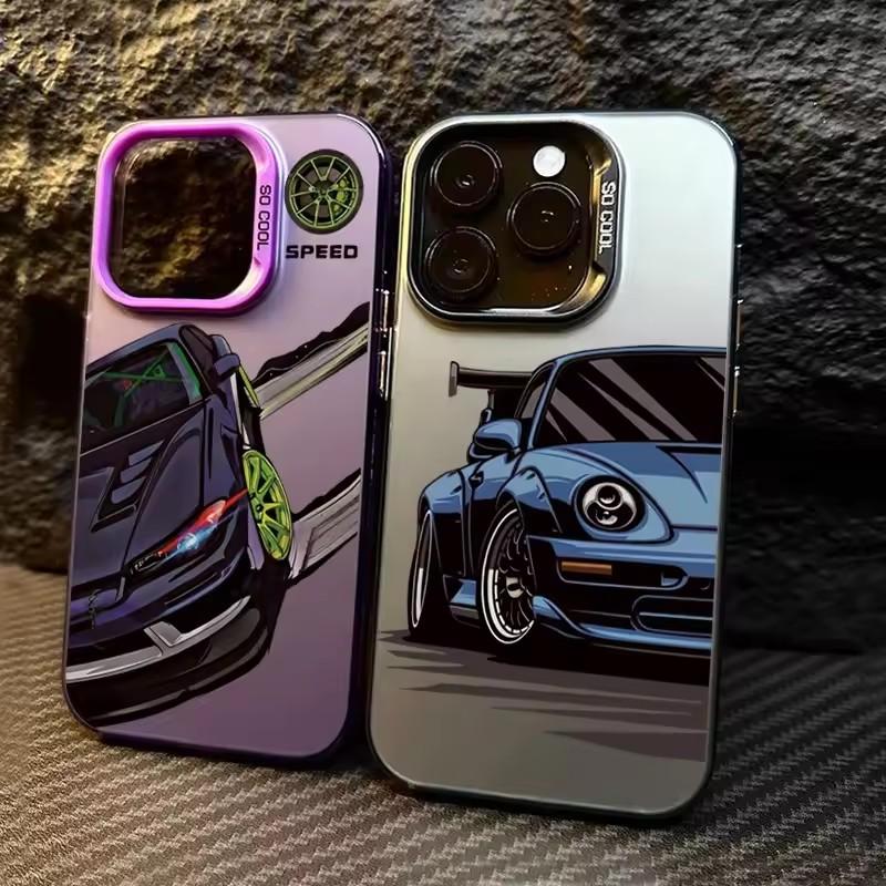 Fashionable car print anti-drop phone case for iPhone 16 13 14 11 12 15 plus 16 Pro Max X XR Xs colored silver IMD hard cover