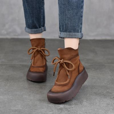 Retro Genuine Leather Thick Soled Short Boots Round Toe Women's Flat Platform Shoes